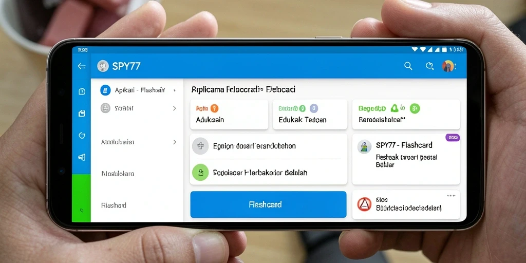 Tampilan antarmuka aplikasi SPY77 yang menarik dan interaktif untuk belajar flashcard.